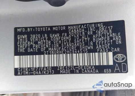 2017 Toyota Corolla L from USA, damaged, VIN 2T1BURHE2HC944515